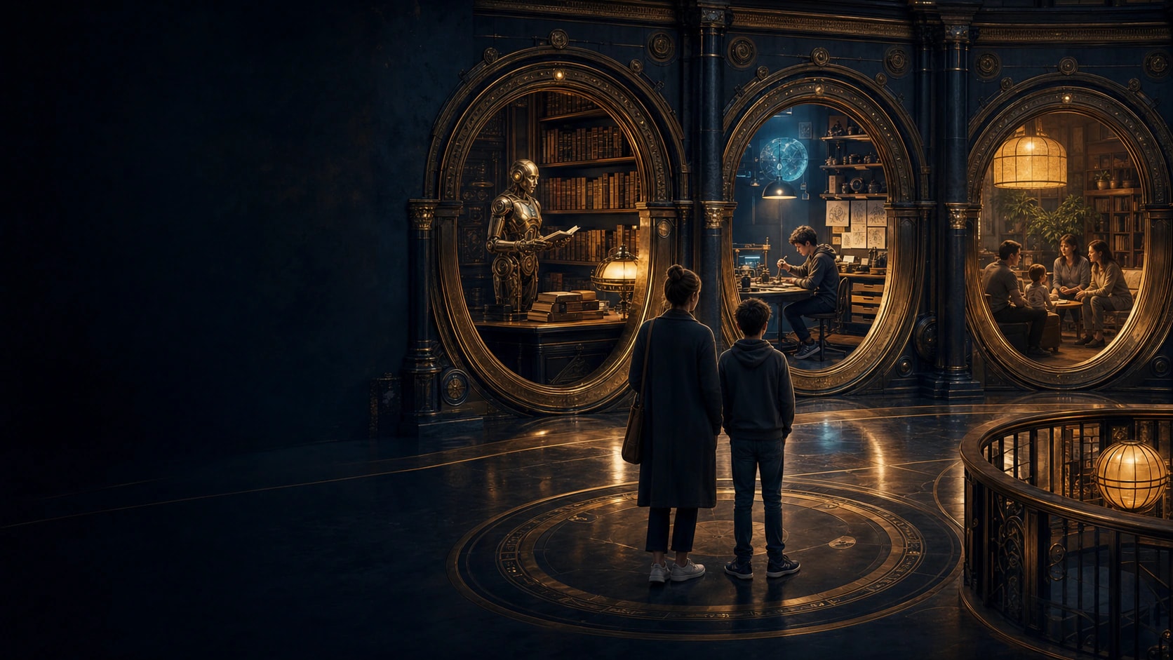 A child stands at a threshold between two glowing oval rooms, one holding a robot and empty study desk, the other a full family