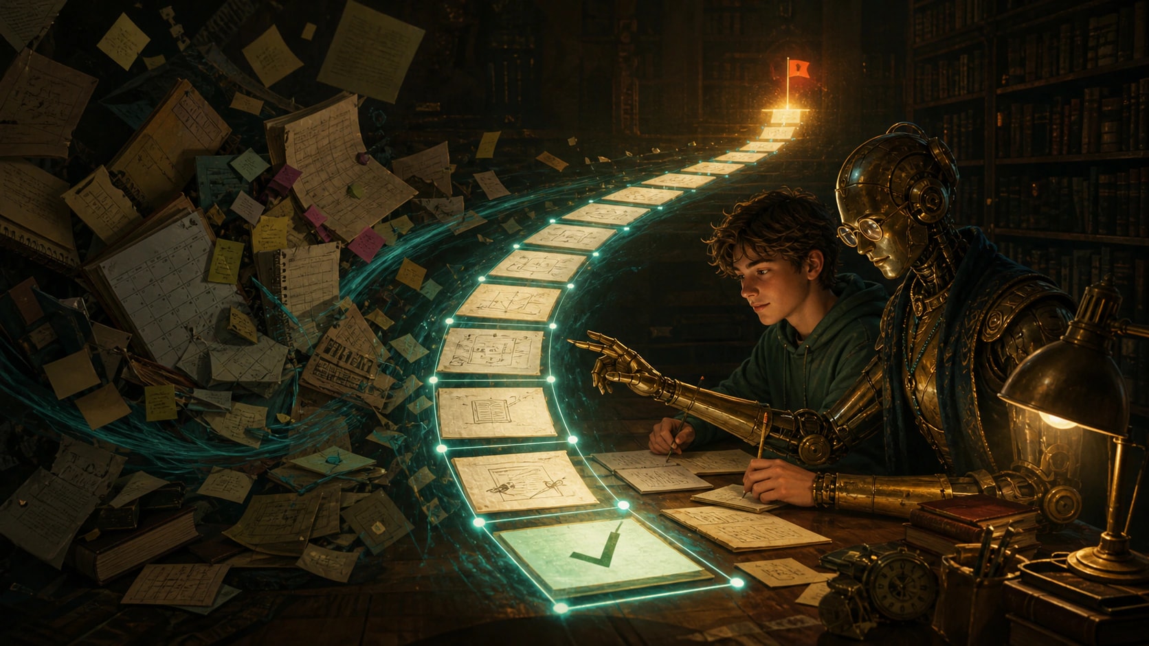 A glowing path of study notes and checklists winds from a chaotic pile of homework to a robot mentor helping a student write