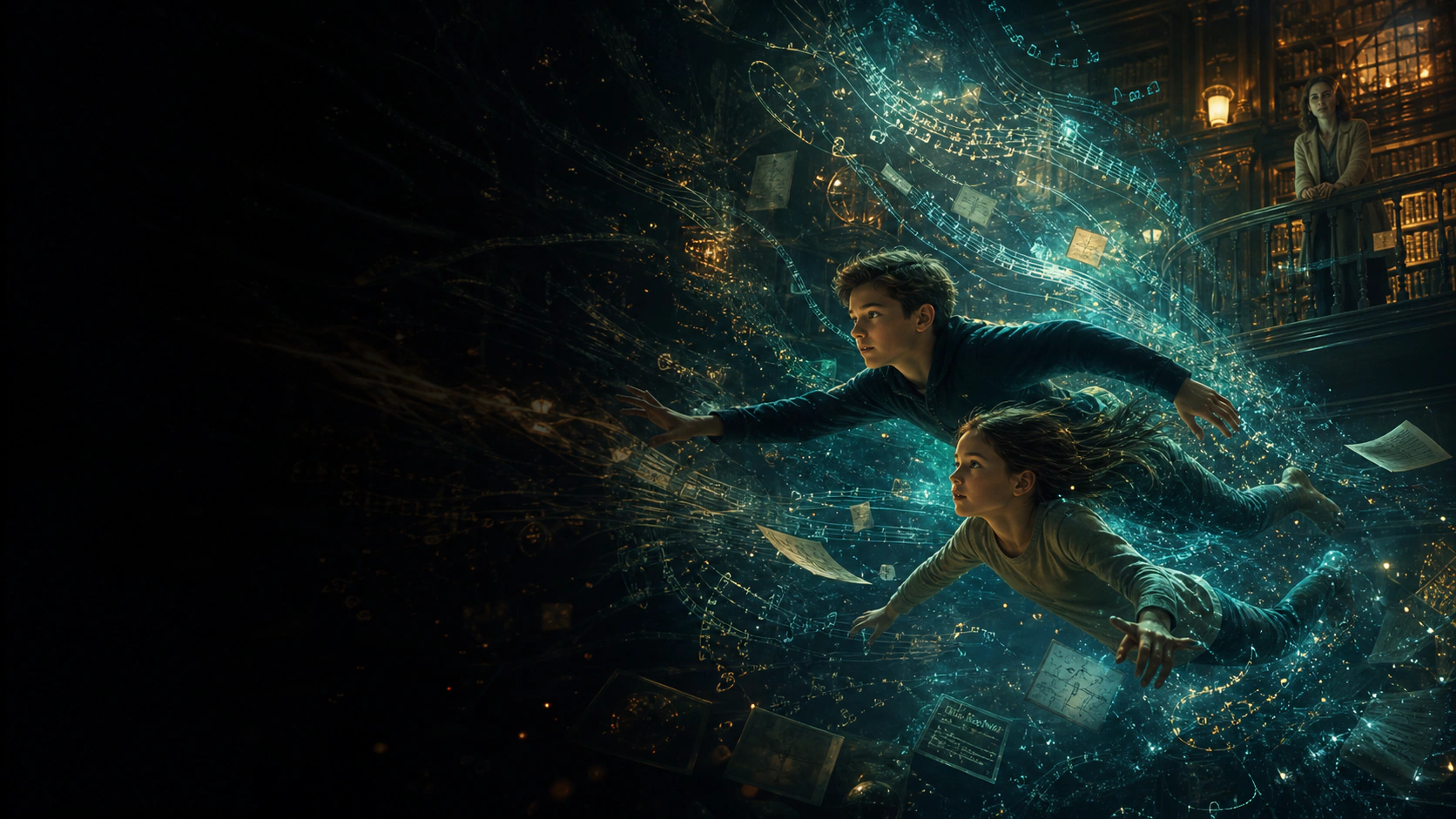 Two children flying through a starry, book-filled dreamscape of light and knowledge, watched over from a library balcony