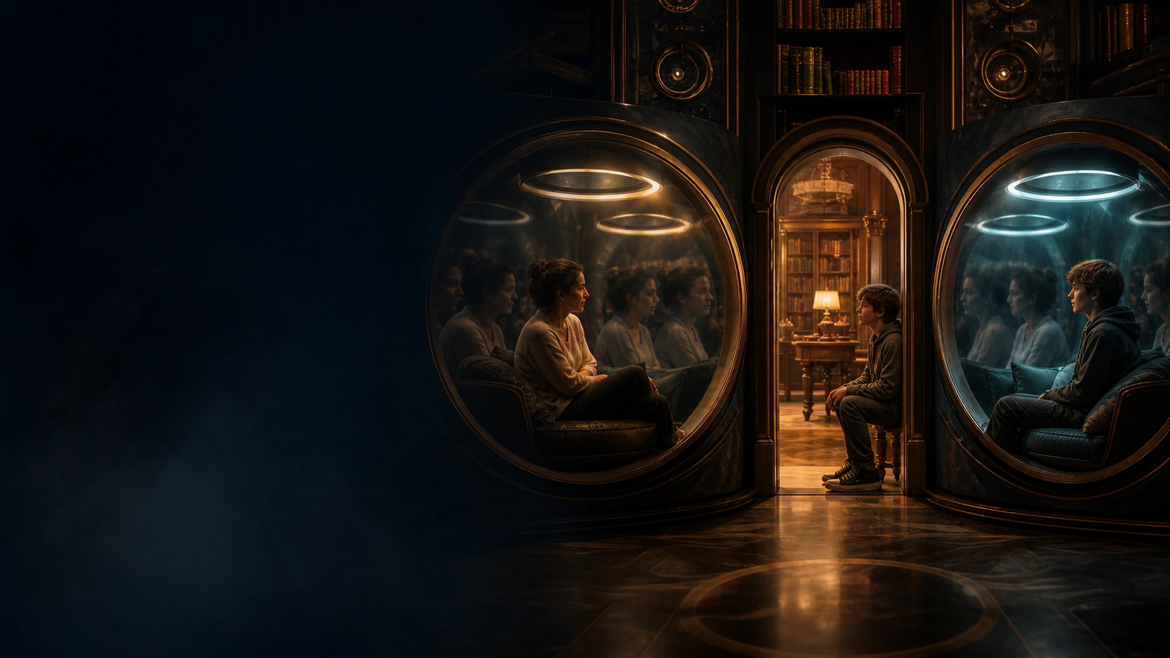 A boy stands alone in a doorway between two mirrored rooms, each filled with rows of identical reflected figures