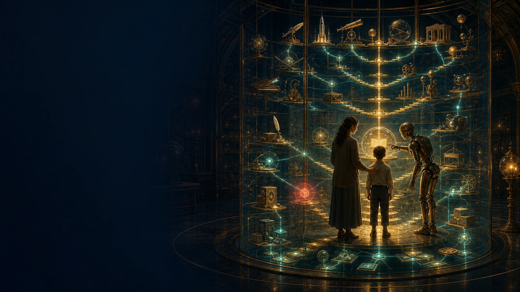 A parent and child stand inside a glowing glass tower of knowledge with a robot guide, surrounded by books, instruments, and light paths