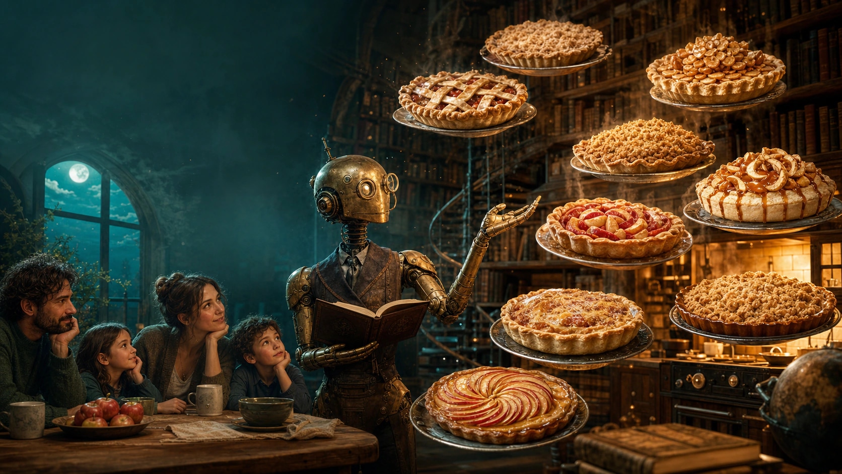 A steampunk robot presents a family with an impossible tower of apple pies of every style, from a book-lined kitchen