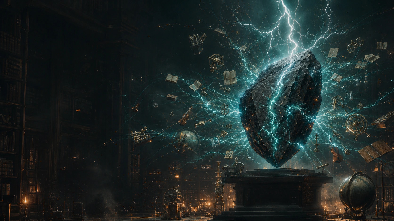 A cracked black stone crackling with turquoise lightning, scattering books and instruments across a dark library