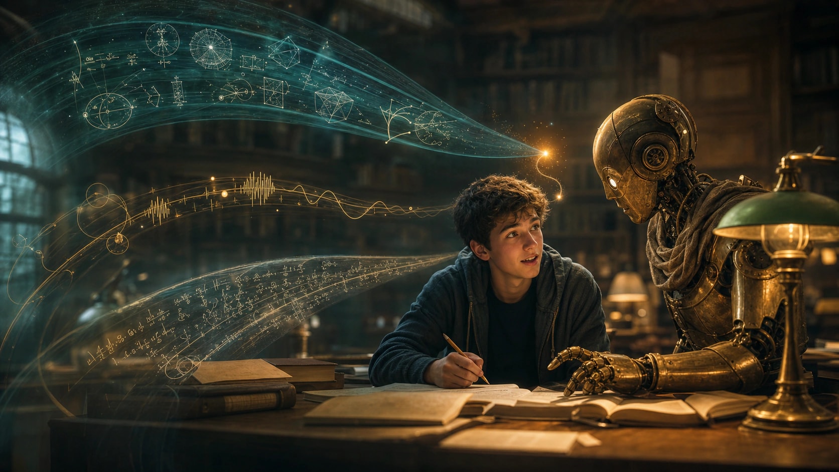 A student at a library desk looks up at a golden robot tutor as equations and sound waves stream overhead