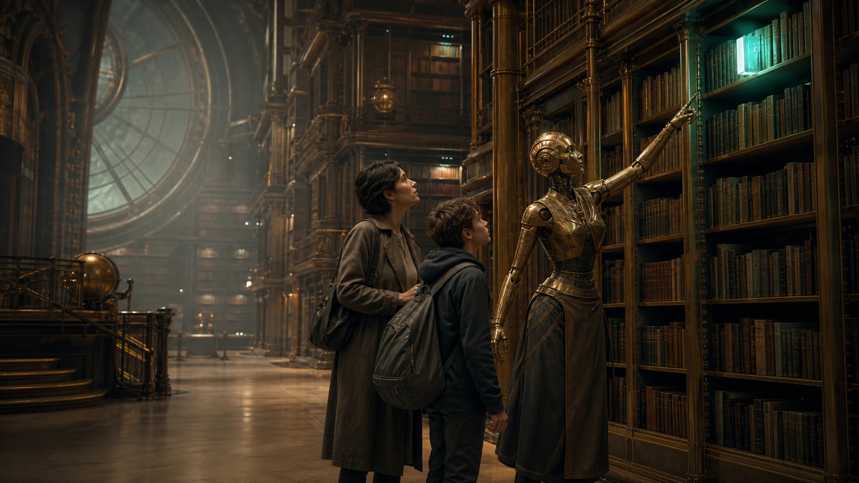 A golden mechanical librarian points a child and parent toward a glowing book on a towering shelf of an ornate library